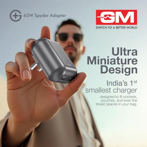 Image of GM G+ 65W Spyder GaN Charger | Foldable Indian Pin | Travel Friendly | Compact Dual-Type-C Port | Fast Charging for iPhone, Samsung, Laptop, MacBook Air, MacBook M4 | 1 Year Warrant | Electric Grey