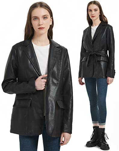 Risissida Women's Leather Blazer Women Faux Leather Jacket For Spring And Fall, Vegan Leather Casual Pleather Coat With Belt Black 2226 S #TOP2
