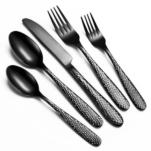 Black Hammered Silverware Set 20 Piece Heavy Duty Stainless Steel Flatware Sets for 4 Food Grade Cutlery Set for Home Restaurant Mirror Polished Dishwasher Safe