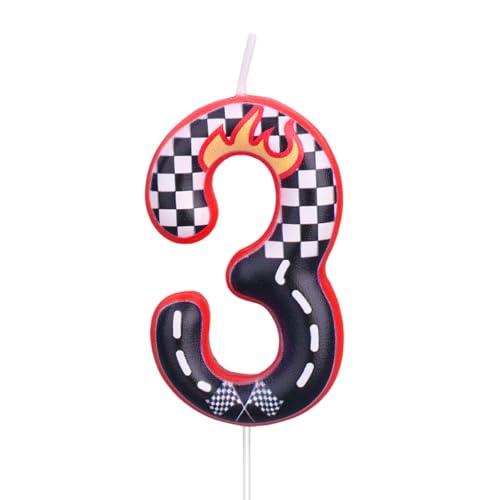 Vela Cumpleaños con Temática Coches Carreras, Adorno para Tarta con Números a Cuadros Negros Blancos y Rojos Decoración para Fiesta Cumpleaños Temática Coches (Número 3)