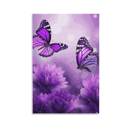 Toile murale moderne fleurs violettes papillons decoration esthetique interieur salon chambre
