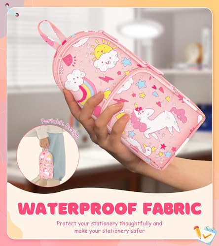 Image of Dravina Canvas Large Capacity Pencil Pouch with 3 Zippers & 5 Compartments| Aesthetic Stationary Standing Pencil Case| Waterproof School Box for Girls & Boys Unicorn Pencil Box (Pink Unicorn)