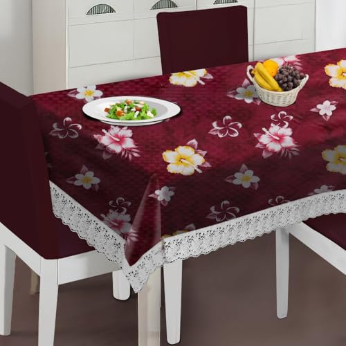Image of The Furnishing Tree Waterproof PVC Rectangle Shaped 8 Seater Table Cover WxL 60x108 inches Floral Pattern Red with White Border lace