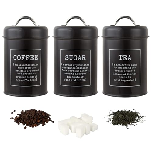 Juego de almacenamiento de té, café y azúcar, juego de botes de cocina negros, 3 botes de metal de 1200 ml para té, café, azúcar con tapas herméticas, frascos vintage para alimentos, galletas
