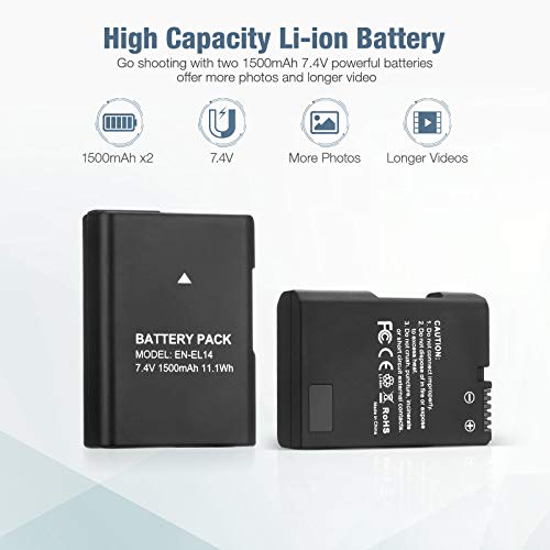 En-El14 En El14A Battery 2-Pack 1500Mah Li-Ion Batteries Compatible With Nikon D3100 D3200 D3300 D3400 D3500 D5100 D5200 D5300 D5500 D5600 Df Coolpix P7000 P7100 P7700 P7800 #TOP1