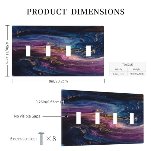 Decorative Switch Covers Plate Abstract Purple Blue Gold Marble Texture 4 Gang Wall Plate Oversized Quad Toggle Light Switch Plate Jumbo Faceplate for Bathroom Bedroom Decor