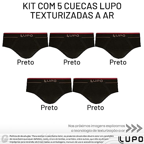 Kit 5 Cuecas Slip Texturizadas a Ar Lupo Sem Costura Masculino Adulto Preto GG
