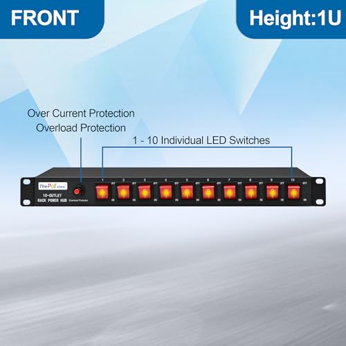 Image of 1U Horizontal PDU 19 inch Rack Mount Power Strip | Overload protector, 10 NEMA 5-15R Outlet, 120V 15A, 1800 Joules, Heavy-Duty 16 AWG 6 ft Cord, Suitable for Server Cabinet