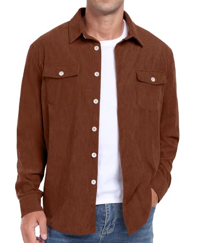 Image of Askdeer Men's Corduroy Button Down Shirts Long Sleeve Casual Shacket Jacket Western Corduroy Shirt Jacket with Flap Pockets