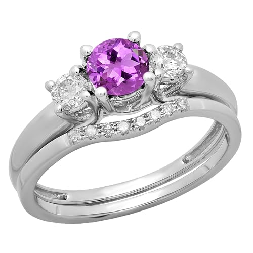 Dazzlingrock Collection 5mm Round Amethyst & White Diamond 3 Stone Wedding Ring Set for Women in 14K Solid Gold