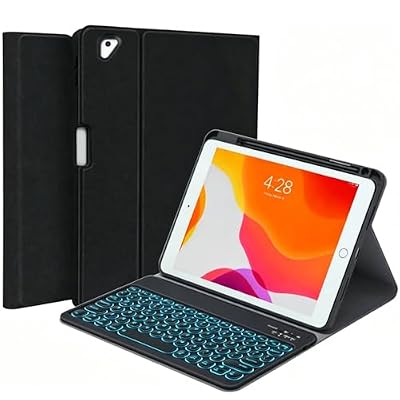 Keyboard Case for iPad 9.7 inch 2018 (6th Gen) / iPad 2017 (5th Gen) / iPad Air 2/1, 7 Color Backlit Detachable Bluetooth Color Keyboard Smart Folio Cover with Pencil Holder, Black