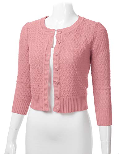 FLORIA Women's Button Down 3/4 Sleeve Crew Neck Cotton Knit Cropped Cardigan Sweater LIGHTPINK M