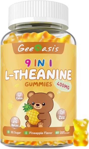 Geeoasis L-theanine 400mg Gummies, l theanine Supplement for Kids & Adults, 9 in 1 High Absorption Theanine Complex for Stress & Focus Support, Pineapple Flavor, 60 Count