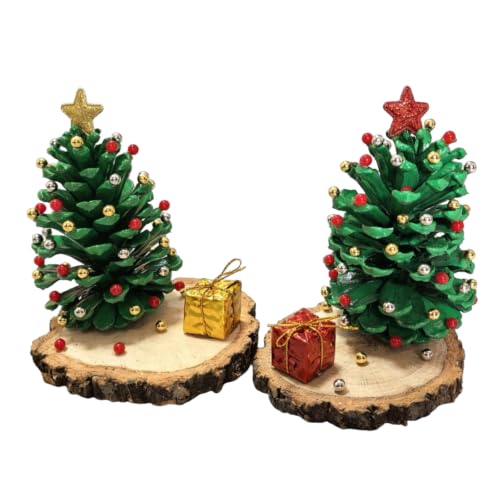2Pcs Pinecone Christmas Tree DIY Craft Kit, Large Green Pine Cones with Wooden Base, Christmas Ornament Making Set for Kids & Adults, Parent-Child Activity & Holiday Tabletop Decor (Glue Not Included)