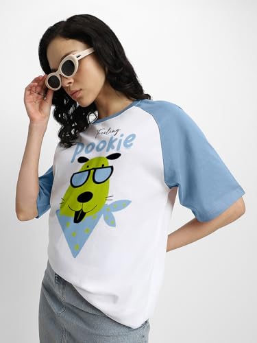 Image of JUNEBERRY 100% Pure Cotton Oversized Loose Baggy Fit Drop Shoulder Half Sleeve Round Neck Cool Front Teddy Printed Cork & White T-Shirt for Women /Girls (Available in from S to 2XL)