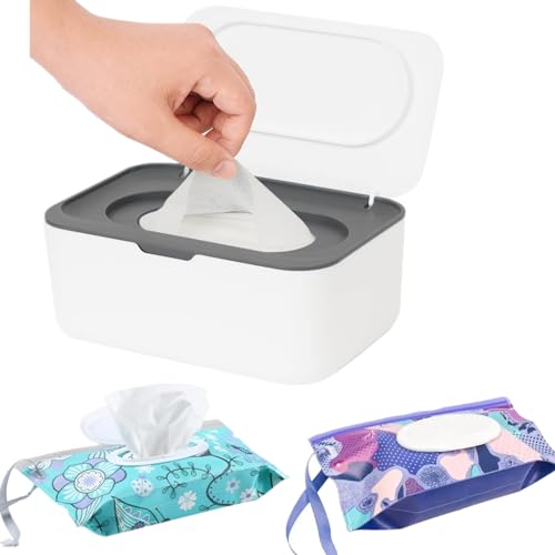 Feuchttücher Box, Feuchtuchspender mit 2 Stück Reisen Wieder Auffüllbar Feuchttücher Tasche,Wiederverwendbar Feuchttücherbox Wischtuchhalter Badezimmer Toilettenpapier Box Geschenke zur Babyparty