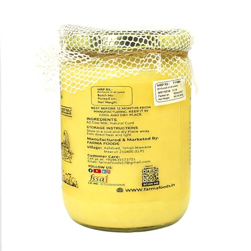Image of FARMA FOODS A2 Desi Cow Ghee 500 ml | Bilona Method Hand Churned | Traditional Pure Natural Ghee | No Preservatives | Farm Fresh Taste | Everyday Cooking Nutrition