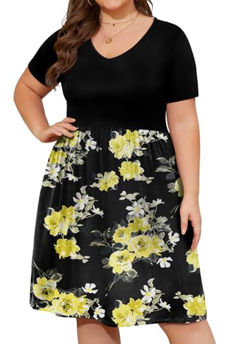 Image of DB MOON Women Plus Size Dresses 2026 Summer Casual V Neck Short Sleeve Knee Length Dress with Pockets