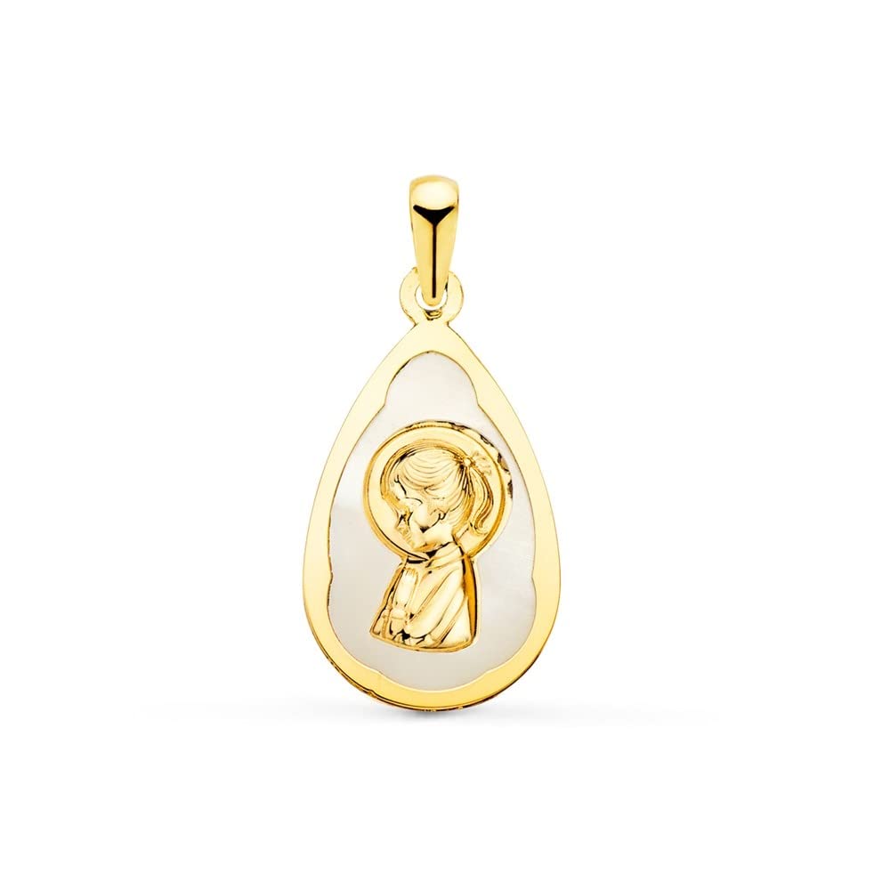 Virgen Niña medalla oro 18k Primera Comunión 19mm. nácar forma gota