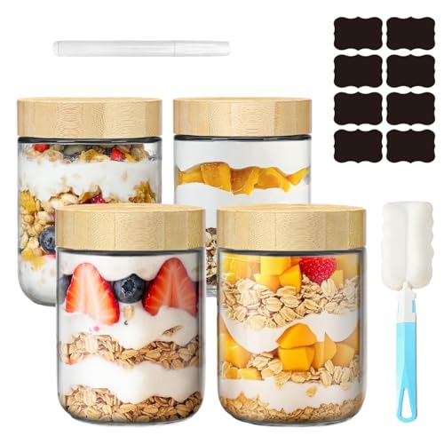 4-Pack 16oz Glass Mason Jars with Screw Lids - Leakproof Overnight Oats Containers, Wide-Mouth Salad & Yogurt Pots for Snacks, Cereals,Coffee,Spices,Pickling & Meal Prep(Airtight Food Storage Jars)