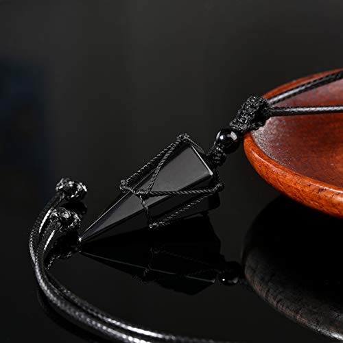 Top Plaza 6 Facet Reiki Healing Crystal Black Obsidian Stone Pointed Pendant Necklaces Adjustable Natural Gemstone Necklace Reiki Quartz Jewelry For Women Men #TOP3