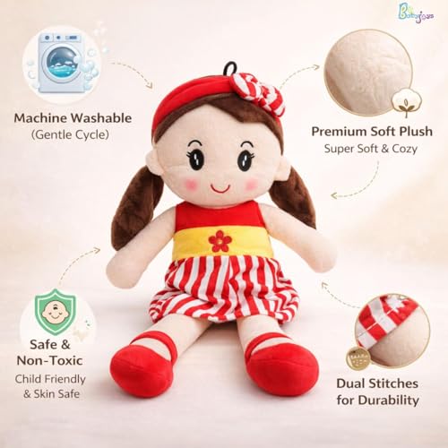 Image of Cute Soft Baby Doll Plush for Kids | Plush Stuffed Toy Doll for Girls & Boys | Super Soft Cuddly Hug Toy Doll | Washable Plush Doll for Girls - 40 CM (Red)
