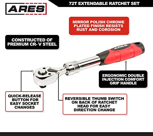 Image of ARES 42055-3-Piece 72-Tooth Extendable Ratchet Set - Chrome Vanadium Steel - Mirror Polish Chrome Finish - Comfort Grip Injection Handle - Quick Release Socket Change - 72-Tooth Reversible Design