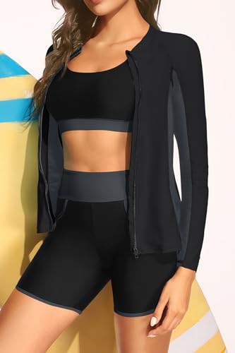 Women 3 Piece Rash Guard - Long Sleeve Swimsuit Built in Bra Swim Shirt Zip Bathing Suit with Pocket Shorts3