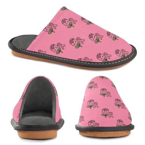 JUNZAN Pink Ribbons Floral Memory Foam Slippers for Women Men House Slippers for Bedroom Indoor3