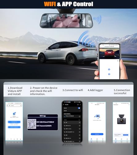 CAMECHO Retrovisor 9.66 Pulgada 2K Mirror Dash CAM Coche con 2 Cámara 1080P, Delantera 150° y Trasera Dashcam 120° con Línea inversa, Visión Nocturna, Sensor G, Tarjeta de 64 GB WiFi App - imagen 6