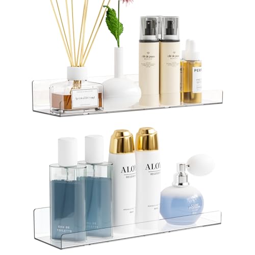 Image of Yieach Acrylic Shelves for Wall Storage No Drilling Self Adhesive Shelves Clear Stick on Bathroom Wall Shelves Plastic Floating Shelves for Perfume Funko Lego Makeup