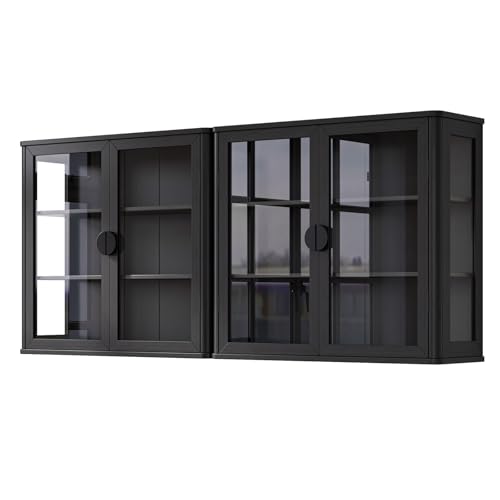 Bathroom Wall Cabinet with Glass Doors Set of 2, 56" Floating Cabinet with Adjustable Shelf, Wall Mounted Display Cabinet for Living Room, Kitchen, Dining Room, Black (Black and Golden Handle Include)