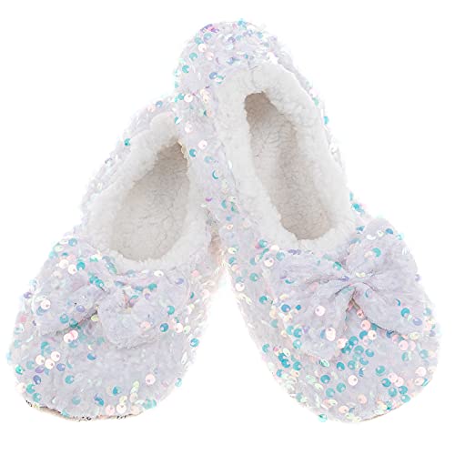 Snoozies! Dazzle Bling Ballet Womens Slippers Super Soft Sherpa Fleece Non Slip Sole Ladies Sizes 3-9 (White, uk_footwear_size_system, adult, women, alpha, medium, large)