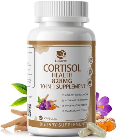 10-IN-1 Cortisol Supplements w/ KSM-66® Ashwagandha 300mg + L-Theanine 250mg, Magnesium Glycinate, Saffron, Phosphatidylserine, Turmeric & Vitamin C D3 B6 B5, For Women Men, 120 Capsules 60-Day Supply