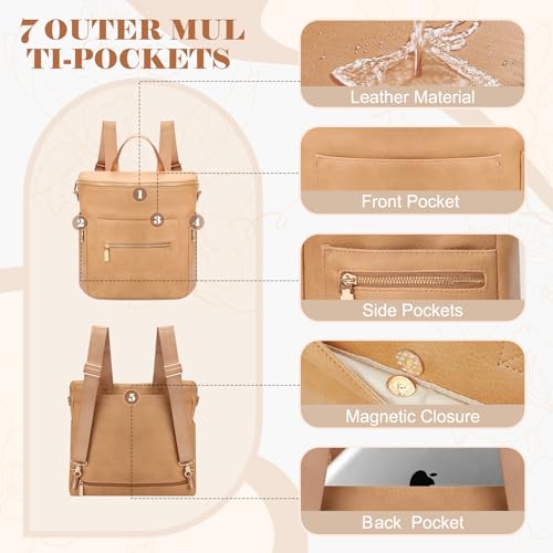 miss fong Diaper Bag Backpack Baby Diaper Bag, Large Leather Diaper Bag Backpack with 15 Pockets Diaper Bag Organizer, Changing Pad, Stroller Straps and 2 Insulated Pockets (Convertible, Peanut)