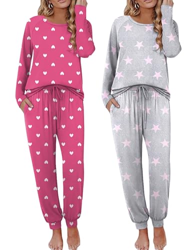 Image of Ekouaer 2 Pack Womens Pajama Sets Long Sleeve Pjs Soft Comfy Lounge Set