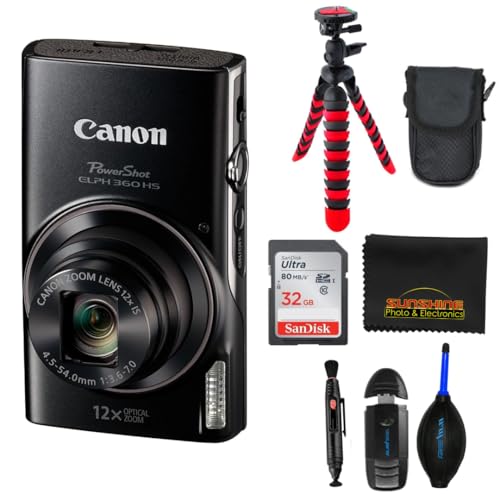 Image of Canon PowerShot ELPH 360 HS Digital Camera (Black) – 20.2MP CMOS, 12x Optical Zoom, Full HD 1080p Video, Wi-Fi & NFC (w/Sunshine Photo Deluxe Accessories Bundle)