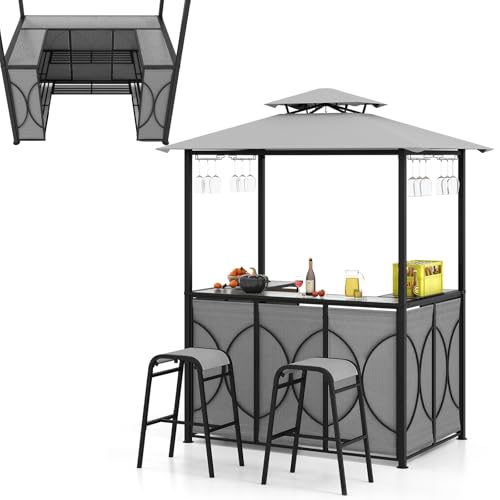 HOMASIS Gazebo per Barbecue con Banco da Bar e 2 Sgabelli, Gazebo Esterno Resistente con Doppio Tetto, Pergolato Resistente alla Pioggia e al Fuoco (Grigio, 194 x 121 x 242 cm)