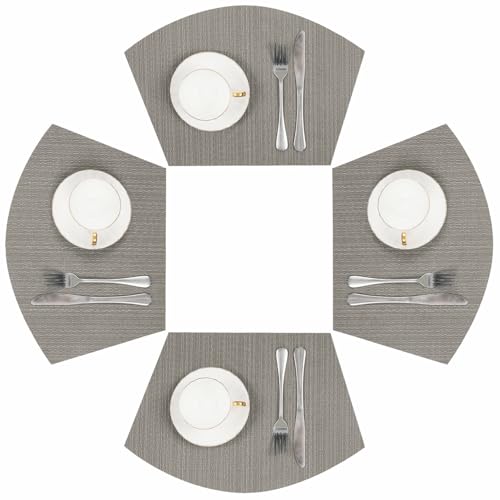 SHACOS Wedge Shaped Placemats Set of 4 Woven Vinyl Dining Table Place Mats Round Table Mats Non Slip Heat Resistant Wipe Clean Indoor Outdoor Table Decor (4, Gray)