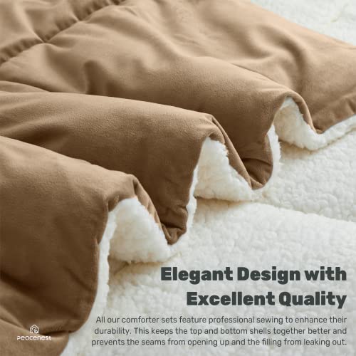 Peace Nest Sherpa Comforter King With 2 Pillow Shams 3 Pieces Reversible King Size Comforter Set Ultra Soft Fluffy Down Alternative Comforter Set Winter Comforter, Tan, King Size #TOP4