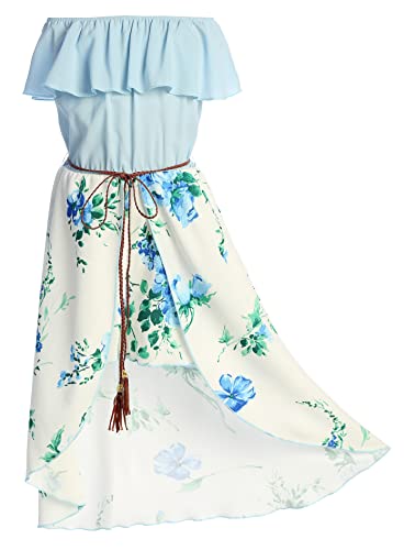 BluNight Collection Big Girls 2 Ways Ruffle Hi Lo Maxi Skirt Romper Belt Jumpsuit Romper USA Blue Flo 10 (2J1K42S)
