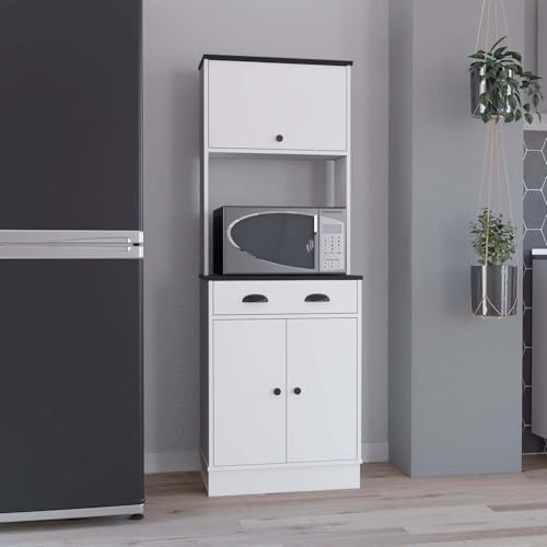 HomeStock Kitchen Pantry Cabinet with Drawer & Microwave Stand - 66.3' Tall Storage White and Black