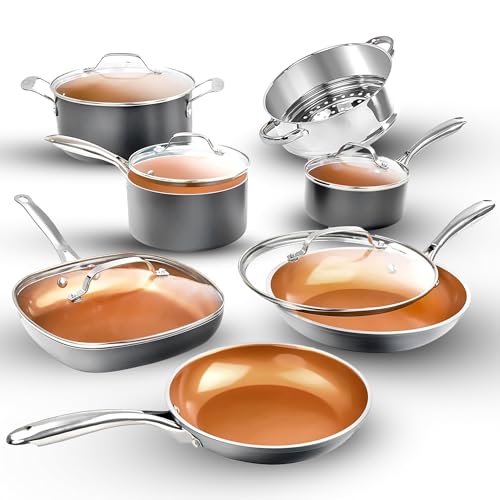 Gotham Steel 12 Pc Ceramic Pots and Pans Set Non Stick, Kitchen Cookware Sets, Pot and Pan Set, Ceramic Cookware Set, Non Toxic Cookware Set, Non Stick Pots and Pan Set, Oven Dishwasher Safe – Copper