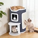 Katzenhöhle 3 Etagen, Katzenhaus mit Kratzbrett & Kratzbaum Plattform für Wohnungskatzen, Katzentonne mit 2 Höhlen & Aussichtsplattform, Katzenmöbel mit Spielball, 43x62 cm, Grau
