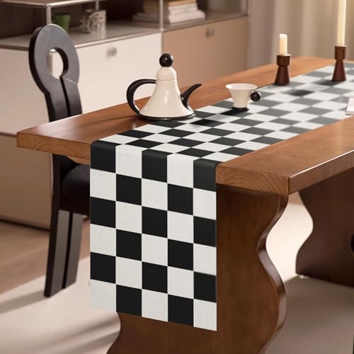 TLIFOS 13x72 in Black and White Checkered Table Runner, Classic Linen, Perfect for Race Themed Parties and Events