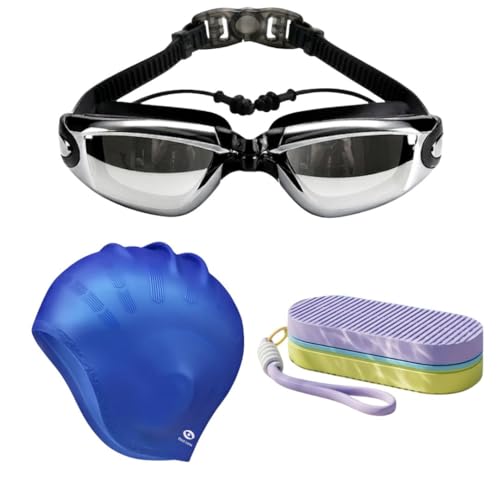 Image of First Lens Swimming Combo For Men & Women UV protection Goggle, Silicone Cap & Soft Protective Case - Silver Goggle+silicone cap+cover yellow-purple