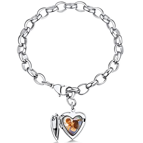 Custom4U Pulsera Mujer Foto Personalizada Acero Inoxidable 316L Colgante Locket Corazón con Imagen Pulsera Romántica Pareja Novia Día Valentín