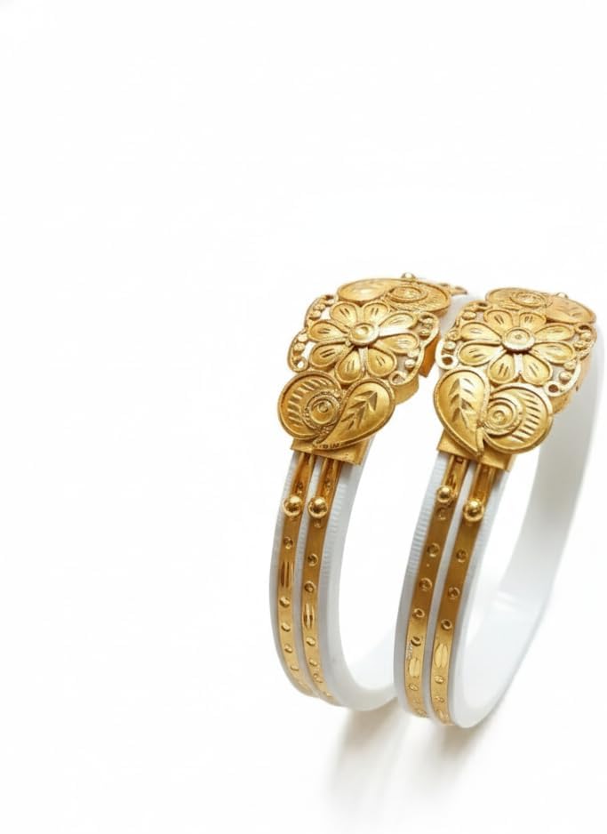 Jewels Floral Design Double Line Gold-Plated Original White Shakha Bangles for Women – Traditional Ethnic Wear