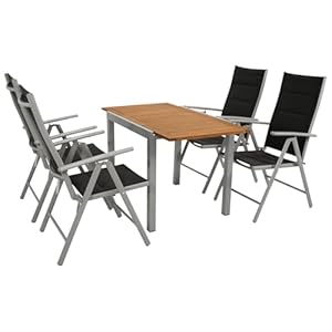 DEGAMO Gartengarnitur Vail 5-teilig, 4X Hochlehner Klappsessel Silbergrau und 1x Ausziehtisch Aluminium mit Tischplatte Akazie 80/120x70cm, Outdoor