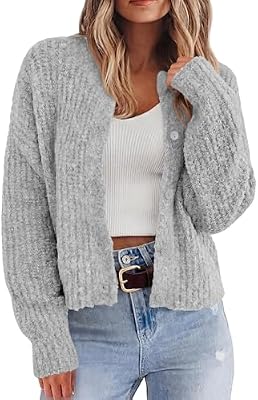 BTFBM Cardigan Sweaters for Women Chunky Knit,Grey,M